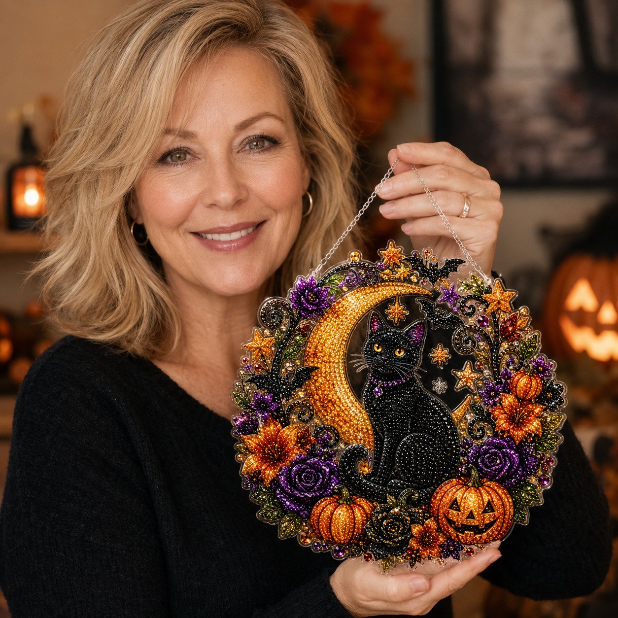 🔥Hot Sale 50% OFF-🎃Halloween Black Cat Moon Diamond Art Hanging Ornament Kit