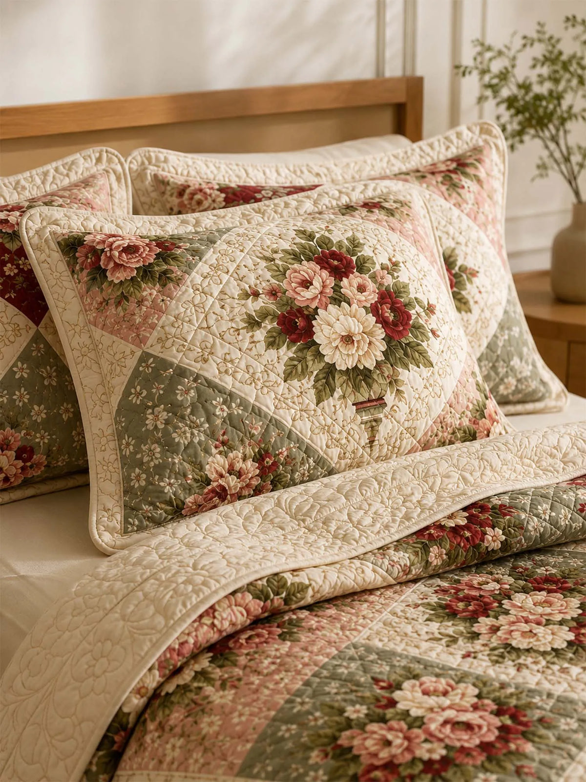 Vintage Rose Garden Quilted 3-Piece Bedding Set