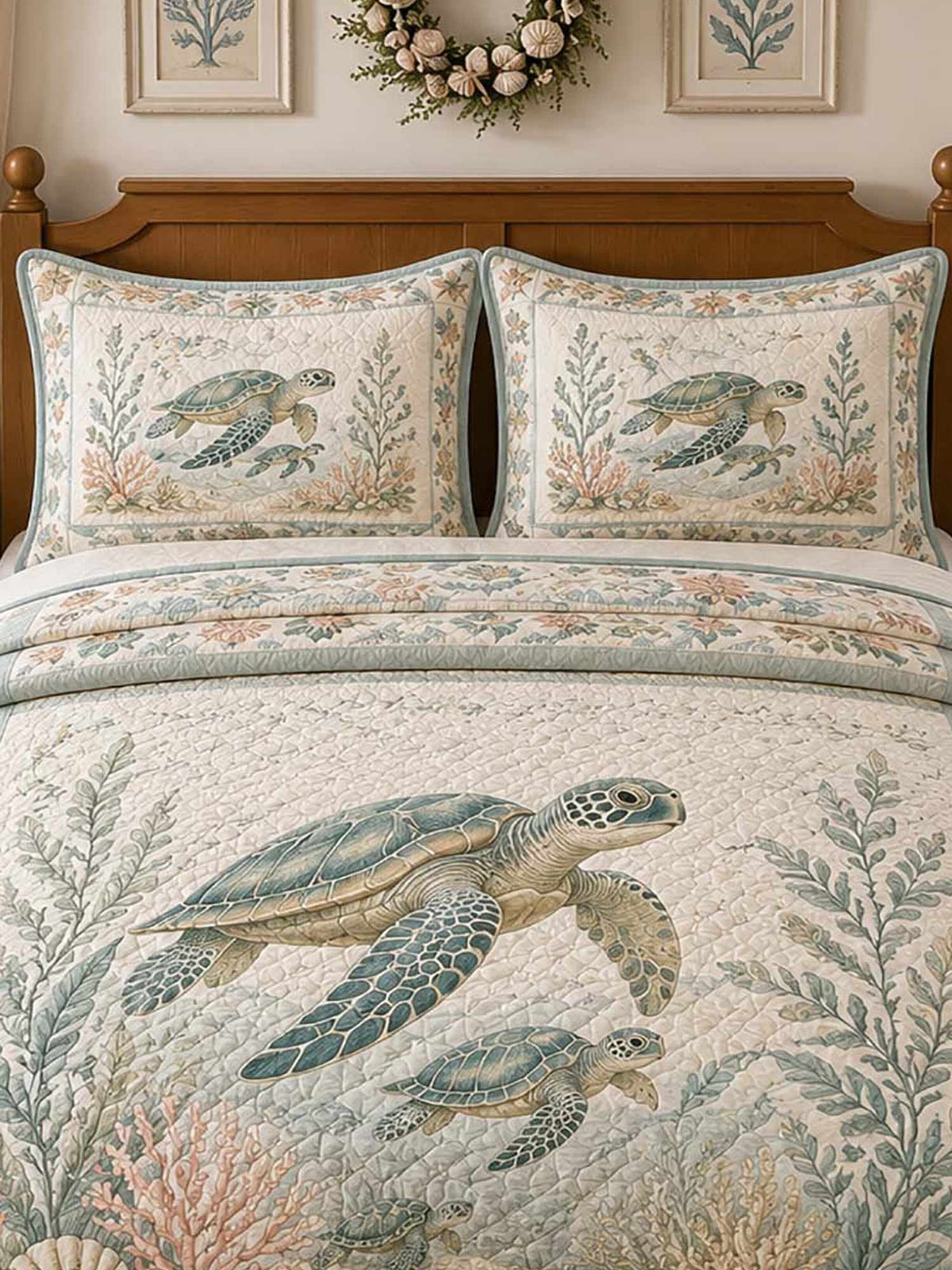 Vintage Nautical Ocean Turtle Seagrass Floral 3‐Piece Quilted Bedding Set