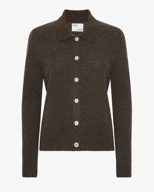 Women Merino Wool Collar Cardigan - Coffee Brown