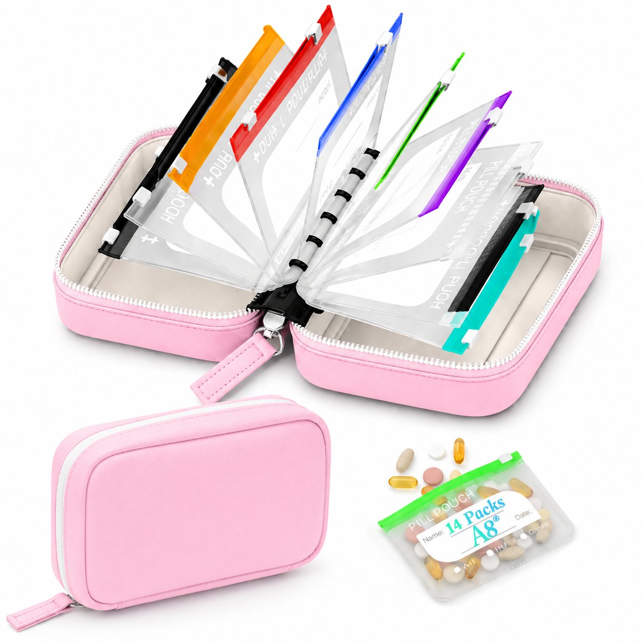 Waterproof Pill Organizer Pouch Set – 14 Removable, Colour-Coded Bags, Easy to Label & Refill